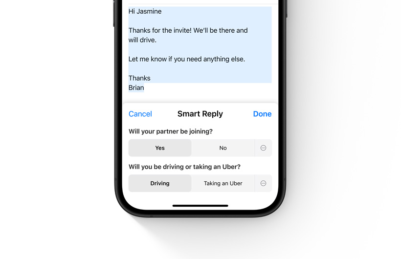 ตัวเลือกการตอบกลับอัจฉริยะในแอปเมลแสดงอยู่บน iPhone