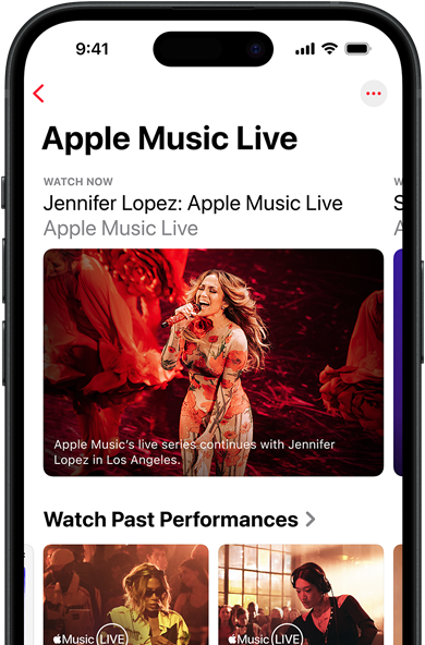 Apple Music Live-skærmen på iPhone viser Watch Now, tidligere koncerter og eksklusivt indhold såsom Apple Musics 100 bedste album