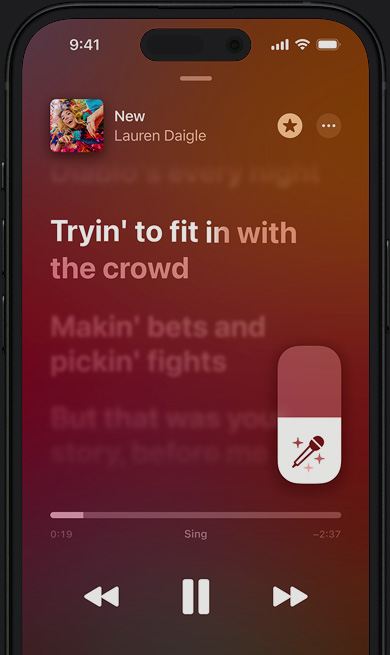 iPhone 上的 Apple Music 即唱功能模式，正在播放 Lauren Daigle 的《New》