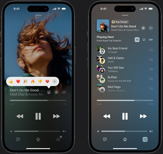 Na ekranie iPhone’a po lewej stronie widać odtwarzany utwór Don’t Do Me Good autorstwa Madi Diaz i Kacey Musgraves, a także okno z reakcjami emoji: kciukiem w górę, sercem, symbolem świętowania, kciukiem w dół i innymi reakcjami. Na ekranie iPhone’a po prawej stronie widać playlistę o nazwie Road Trip Playlist współtworzoną przez kilka osób i utwory dodane do niej przez te osoby