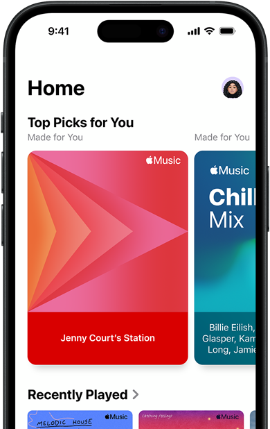 Fliken Home i Apple Music på iPhone, i karusellen Top Picks for You visas Jenny Courts tillagda radiostationer och spellistor