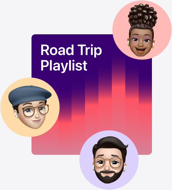 Coverbild einer gemeinsamen Playlist namens «Roadtrip», umgeben von Memojis