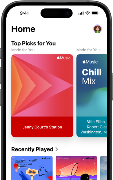 Karta Ekran główny w Apple Music na ekranie iPhone’a, karuzela Top Picks for You pokazująca spersonalizowane stacje i playlisty Jenny Court