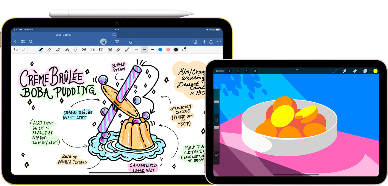 Sur la gauche, un iPad 10ᵉ génération, orientation paysage, affiche un dessin et des notes manuscrites. Un Apple Pencil USB‑C est fixé au sommet. Sur la droite, un iPad mini, orientation paysage, affiche une illustration colorée réalisée avec Procreate.