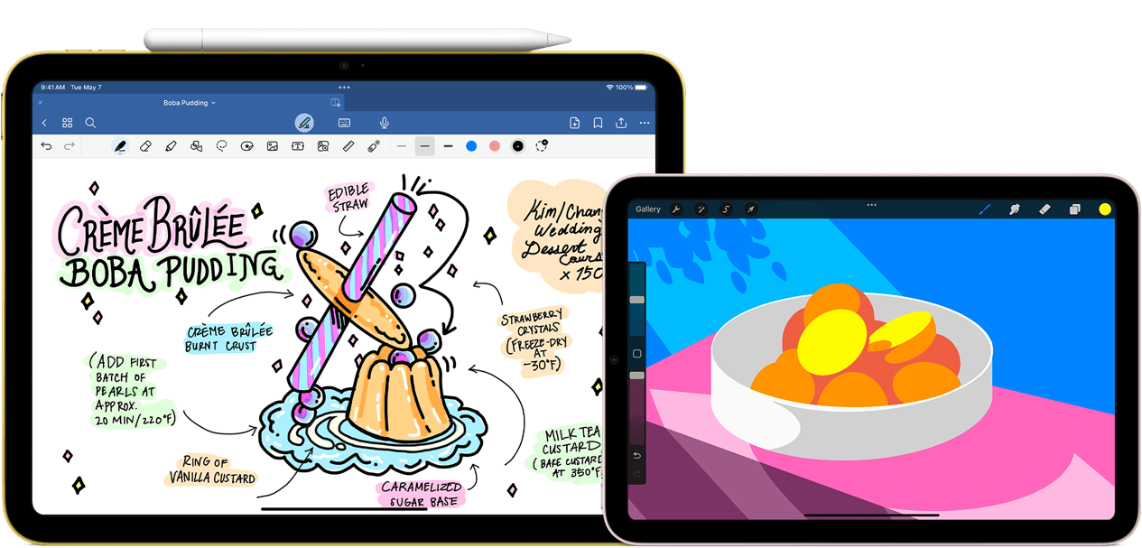 Links ein iPad im Querformat, das Display zeigt eine Grafik mit Notizen und eine Zeichnung, ein Apple Pencil USB‑C haftet oben am Gerät. Rechts ein iPad mini im Querformat, das Display zeigt eine bunte Illustration, die in ProCreate erstellt wurde.