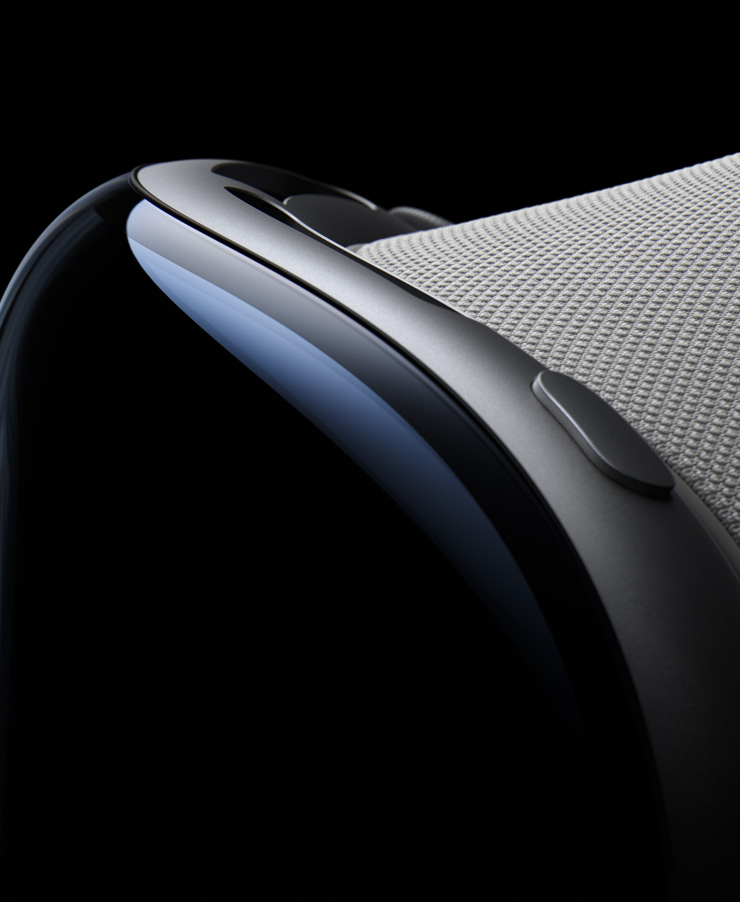 Apple Vision Pro close‑up showing the front, top button and Light Seal