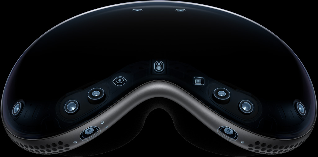 Apple Vision Pro 外部視圖，重點展示一系列鏡頭及感測器
