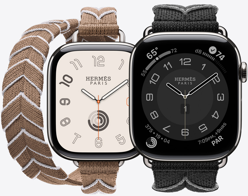 Vue de face des bracelets en tricot continu Double Tour Bridon Attelage et Simple Tour Bridon en Beige de Weimar/Blanc (beige/blanc) et Noir/Gris (noir/gris) avec le cadran Hermès Radial et le cadran Hermès Circulaire.