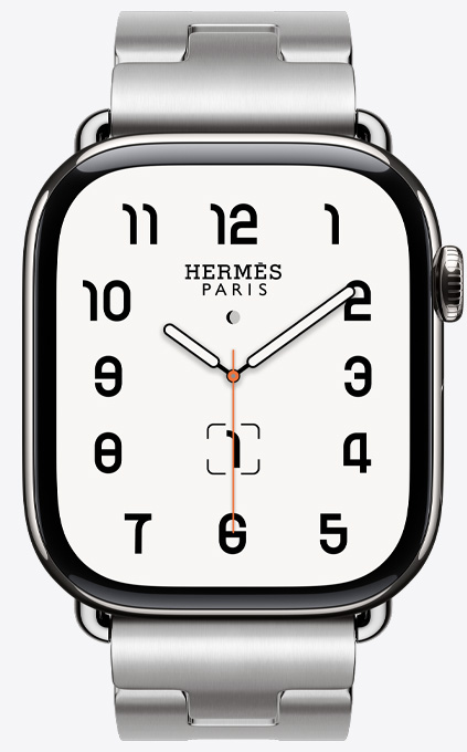 Front view of the Satiné Grand H strap in stainless steel with the Hermès Classic watch face.