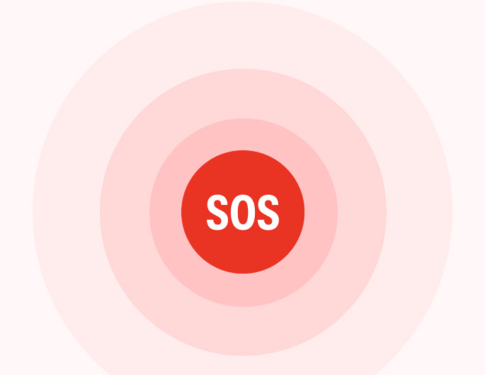 Red circle containing the word SOS, with progressively lighter red-toned circles radiating outwards