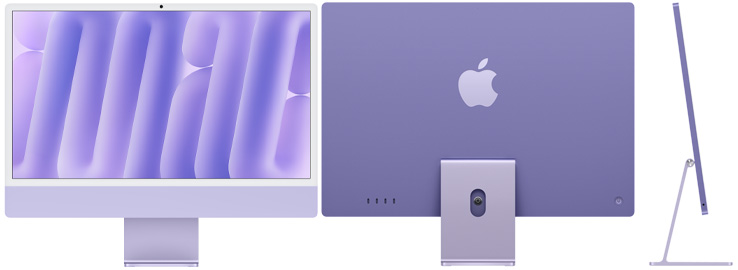 Vista frontal, trasera y lateral del iMac púrpura