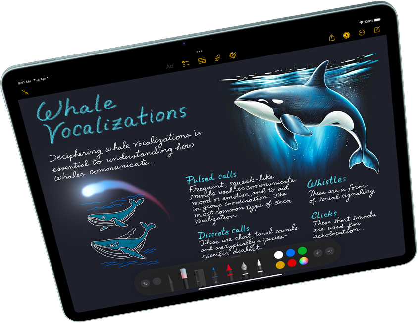 Gulsčio „iPad Air“ vaizdas, kuriame demonstruojamas „Apple Intelligence“ su „Image Playground“, „Keynote“ ir „Apple Pencil Pro“