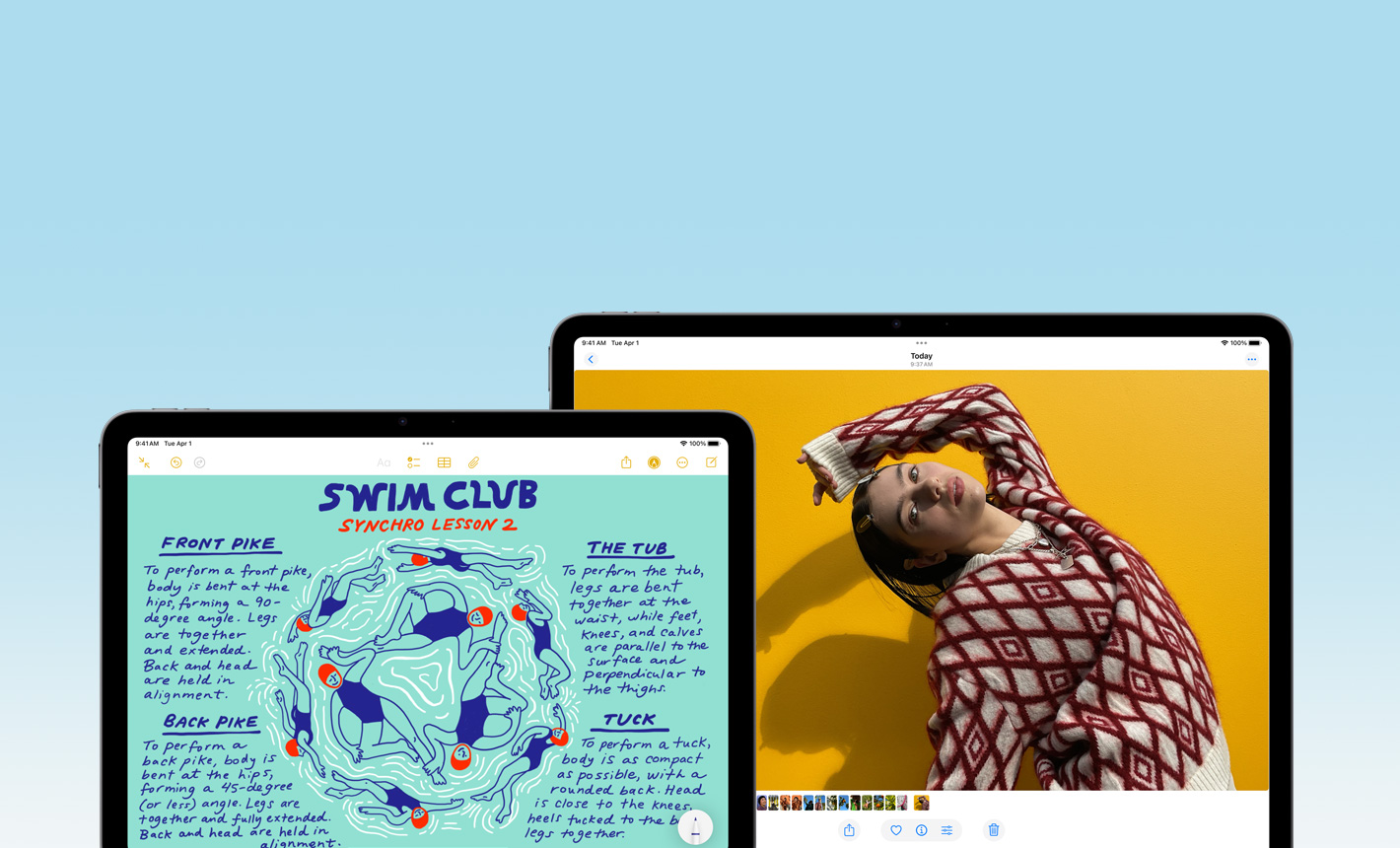 Vooraanzicht van 11-inch iPad Air met Notities en 13-inch iPad Air met Foto’s waarin de verschillende displayformaten te zien zijn
