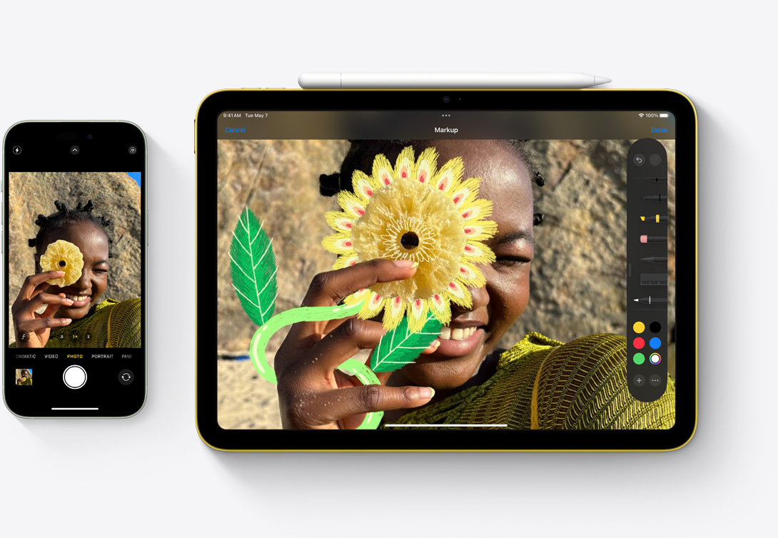 Šalia sudėti „iPhone 15“ ir „iPad“ išryškinant, kaip „iPhone“ kamera užfiksuotose nuotraukose galima atlikti žymėjimus programa „Photos“ naudojant „iPad“.
