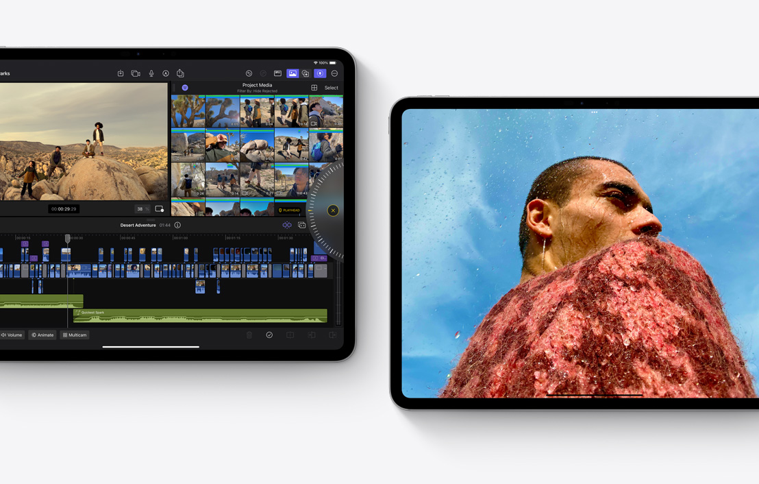 Du „iPad Pros“, demonstruojantys programas „Final Cut Pro 2.0“ ir „Photos“.