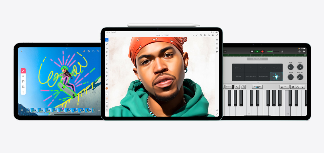На екранах двох пристроїв iPad і iPad Air відкрито додатки FlipaClip, Adobe Fresco та GarageBand.