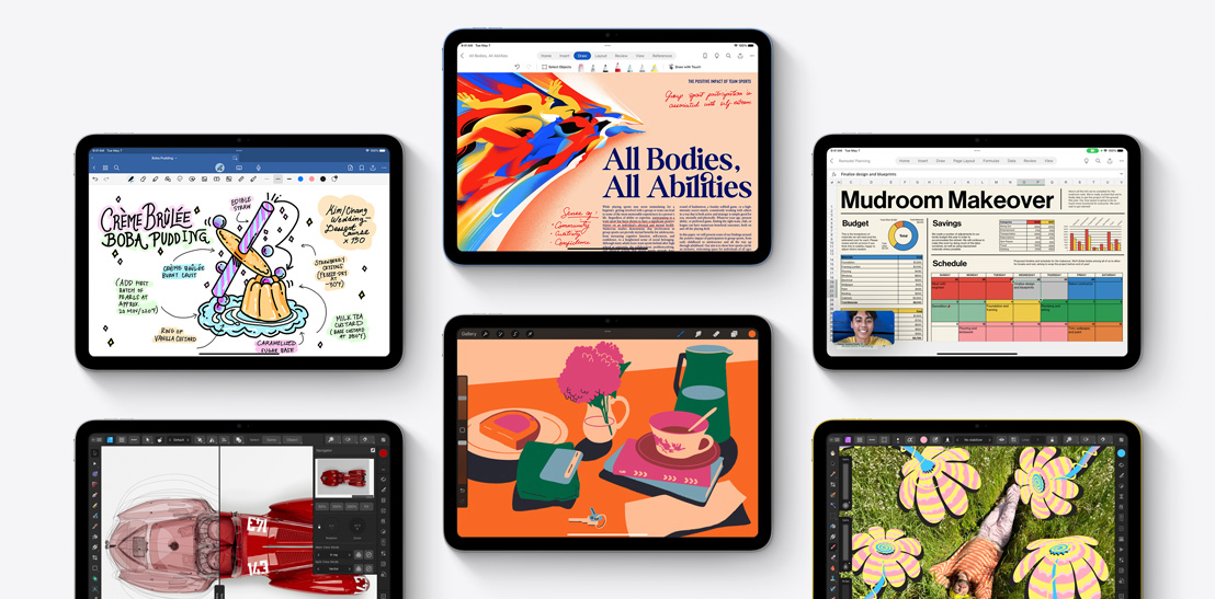 Šešių skirtingų „iPad“ rinkinys, demonstruojantis įvairias programas, įskaitant „Goodnotes 6“, „Affinity Designer 2“, „Microsoft Word“, „Procreate“, „Microsoft Excel“ ir „Affinity Photo 2“.
