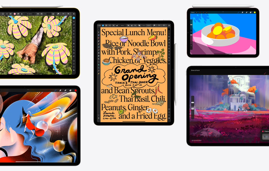 Penki skirtingi „iPad“, demonstruojantys skirtingas programas, tarp kurių „Affinity Photo 2“, „Procreate“, „Affinity Designer 2“ ir „Procreate Dreams“.