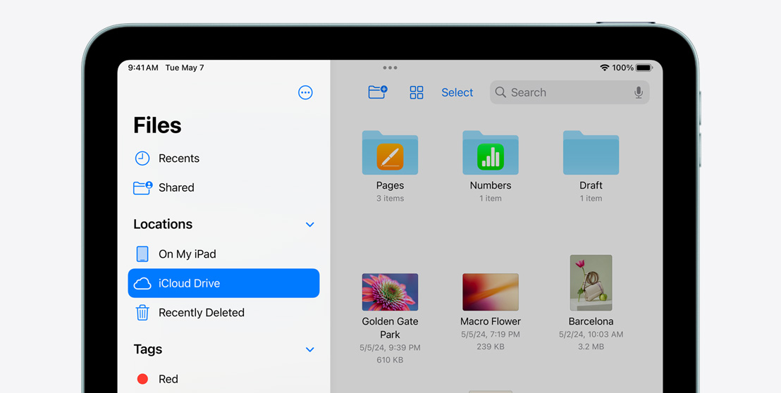 „iPad Air“, kuriame demonstruojama programa „Files“.