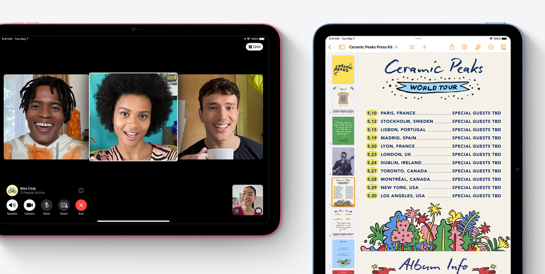 Prikazana su dva iPada, na jednom je FaceTime videopoziv, a na drugom aplikacija Pages.