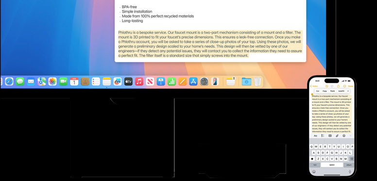 Das iPhone verwendet die Universelle Zwischenablage, um Notizen auf den Mac mini M4 mit Studio Display zu kopieren.