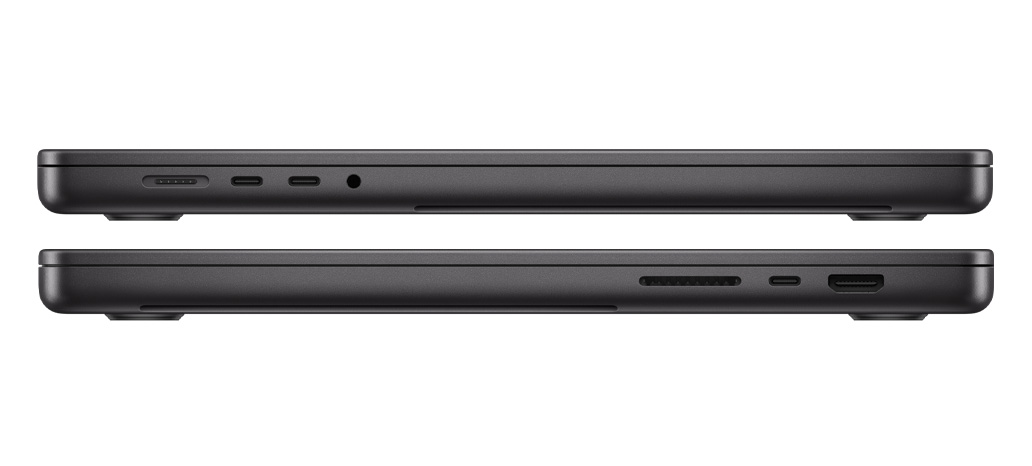 Kuvassa M3 Pro- tai M3 Max ‑sirulla varustetun MacBook Pron portit: vasen puoli, MagSafe 3 ‑portti, kaksi Thunderbolt 4 ‑porttia ja kuulokeliitäntä, oikea puoli, SDXC-korttipaikka, yksi Thunderbolt 4 ‑portti ja HDMI-portti