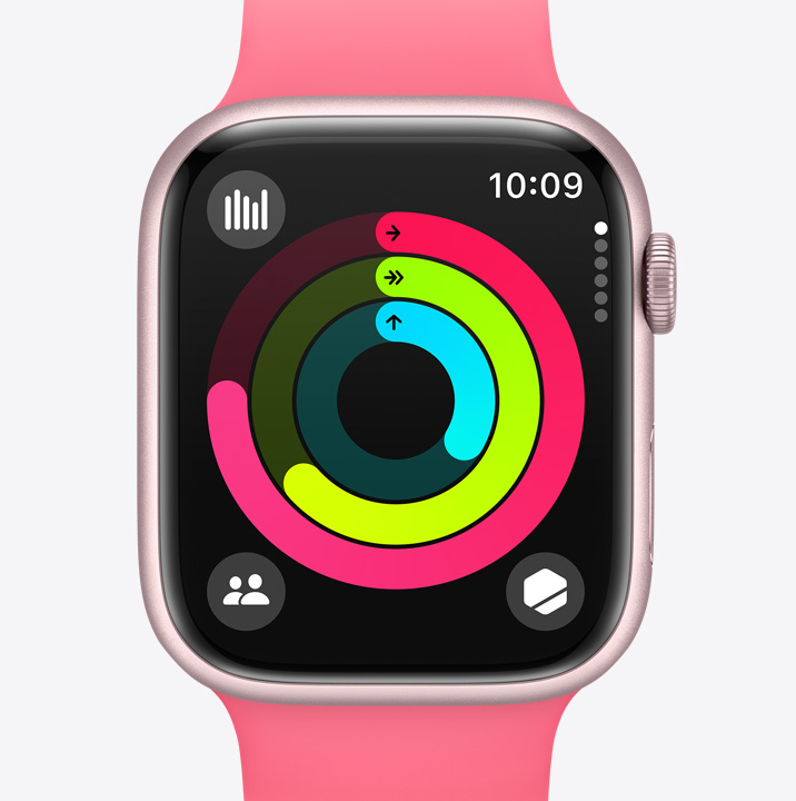 „Apple Watch Series 9“ su programa „Activity“, kurioje rodomas judėjimo, treniruočių ir stovėjimo žiedų progresas.