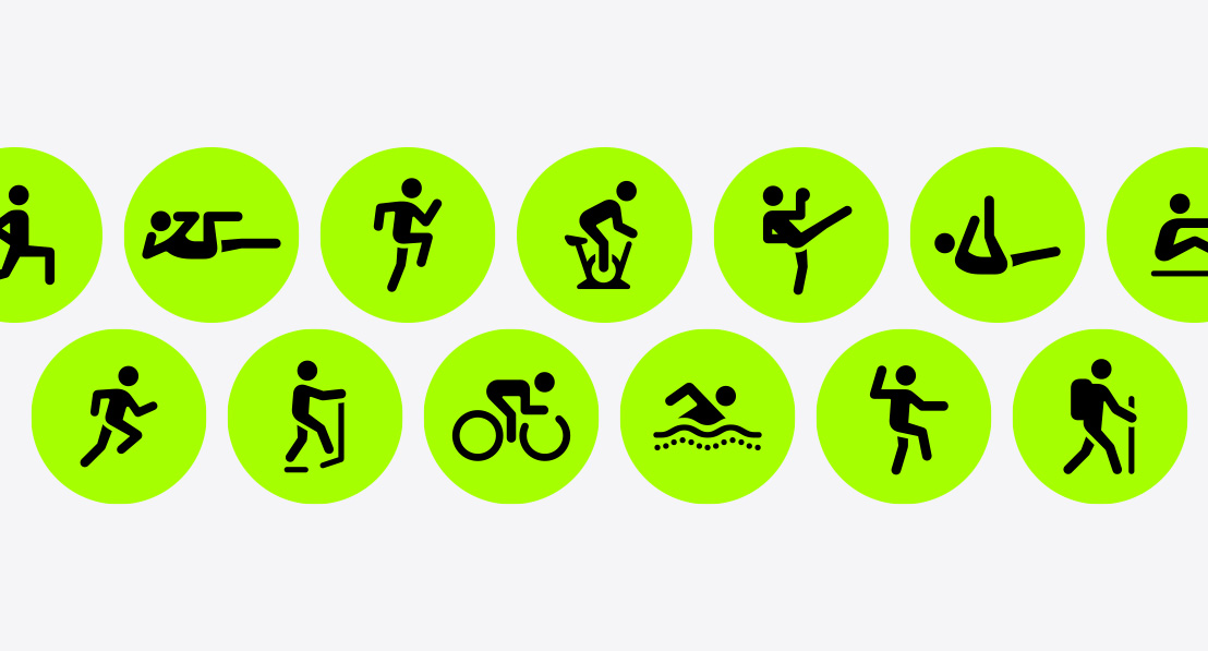 Treniruočių piktogramos funkcinei jėgos treniruotei, giliųjų raumenų treniruotei, didelio intensyvumo intervalinei treniruotei, važiavimui dviračiu sporto salėje, kikboksui, pilatesui, irklavimo treniruokliui, bėgimui, elipsiniam treniruokliui, važiavimui dviračiu, plaukiojimui, Tai Či ir žygiavimui.