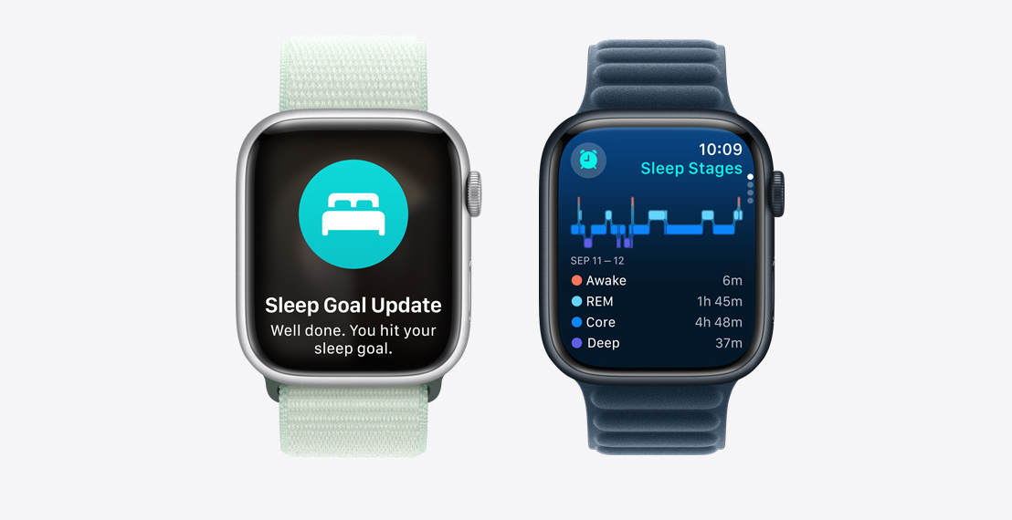 Du „Apple Watch Series 9“. Pirmajame rodomas pranešimas apie pasiektą miego tikslą. Antrajame rodomi „Sleep Stages“ duomenys.