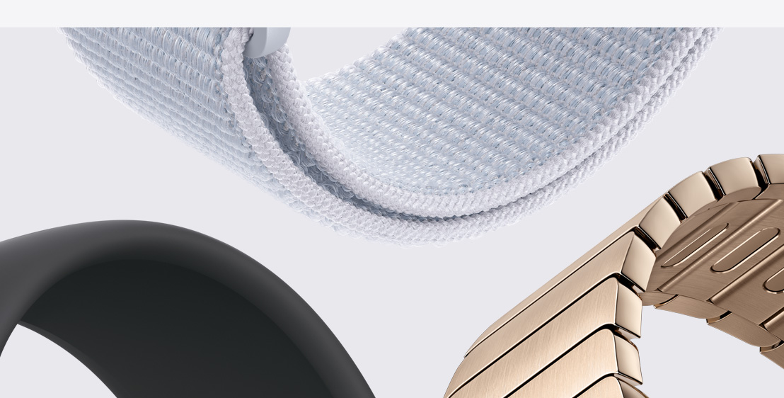 Tres correas para el Apple Watch: una correa Solo Loop trenzada amarillo solar, una correa deportiva azul claro y una correa de eslabones magnética marrón topo.