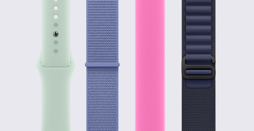 Cuatro correas diferentes para el Apple Watch colocadas en vertical una al lado de la otra.