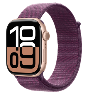 Un Apple Watch Series 10 con caja de aluminio en negro azabache y correa Loop deportiva color tinta.