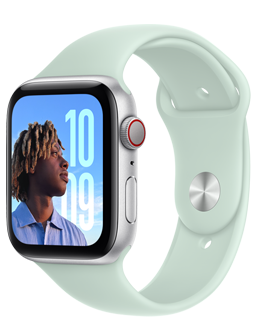 Apple Watch SE with a Starlight aluminum case and Starlight (white) Sport Band.>