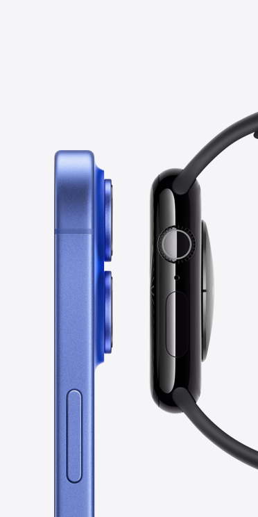 Vue latérale de l’iPhone 16 et de l’Apple Watch Series 10 côte à côte.