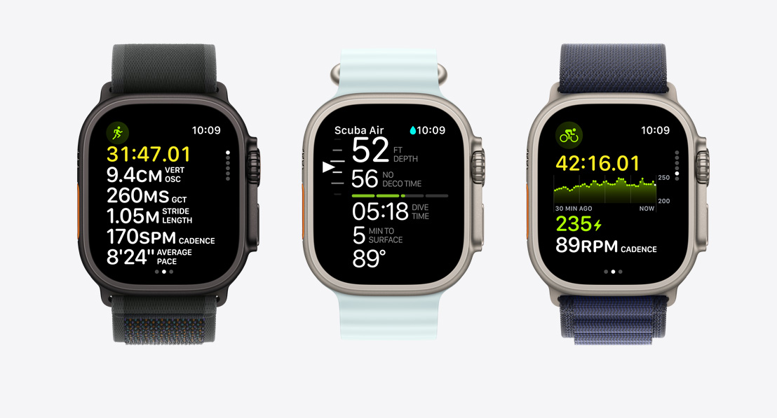 Drie exemplaren van Apple Watch Ultra 2 waarop gegevens te zien zijn van work-outs voor hardlopen, snorkelen en fietsen.