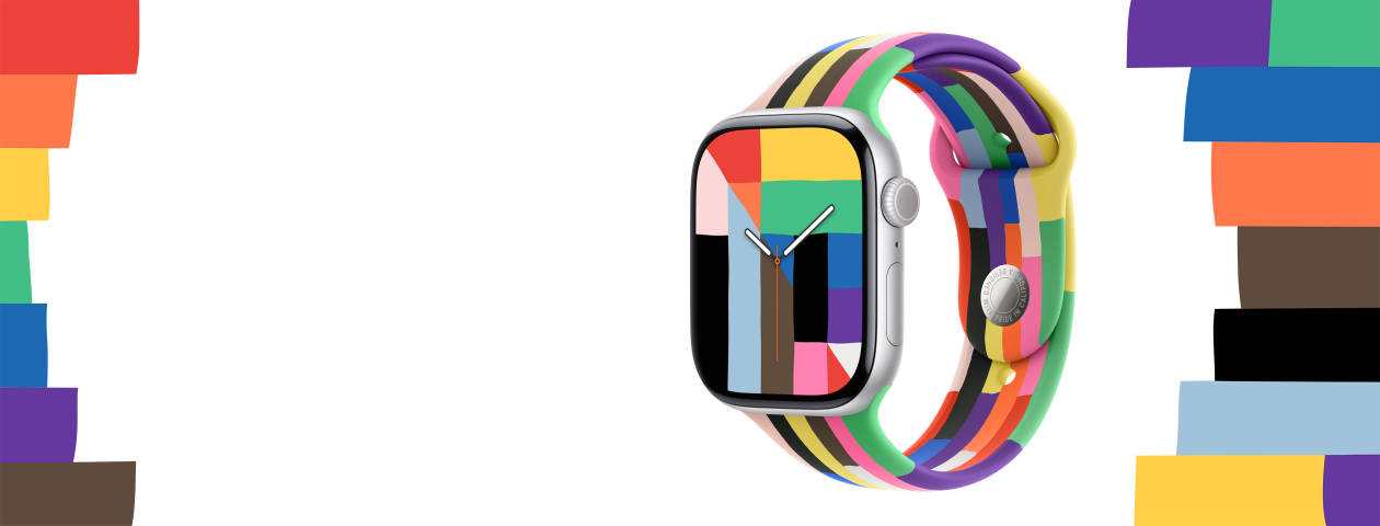 Apple Watch Series 10, boîtier en aluminium argent, Digital Crown, cadran Harmonie Pride, formes rectangulaires, triangulaires et trapézoïdales en plusieurs couleurs, dont celles de l’arc-en-ciel, dessinant le nombre 10, aiguilles indiquant l’heure, fixée au Bracelet Sport Pride Edition, six bandes formées de minces rectangles de différentes teintes unies, dont celles de l’arc-en-ciel, bords légèrement irréguliers, bandes unies arborant différentes formes et couleurs de l’arc-en-ciel de chaque côté de la montre
