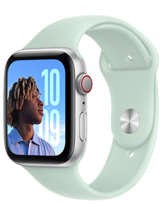 Apple Watch SE with a Starlight aluminum case and Starlight (white) Sport Band.