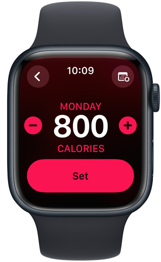 La pantalla de un Apple Watch muestra un objetivo de Movimiento de 800 calorías.
