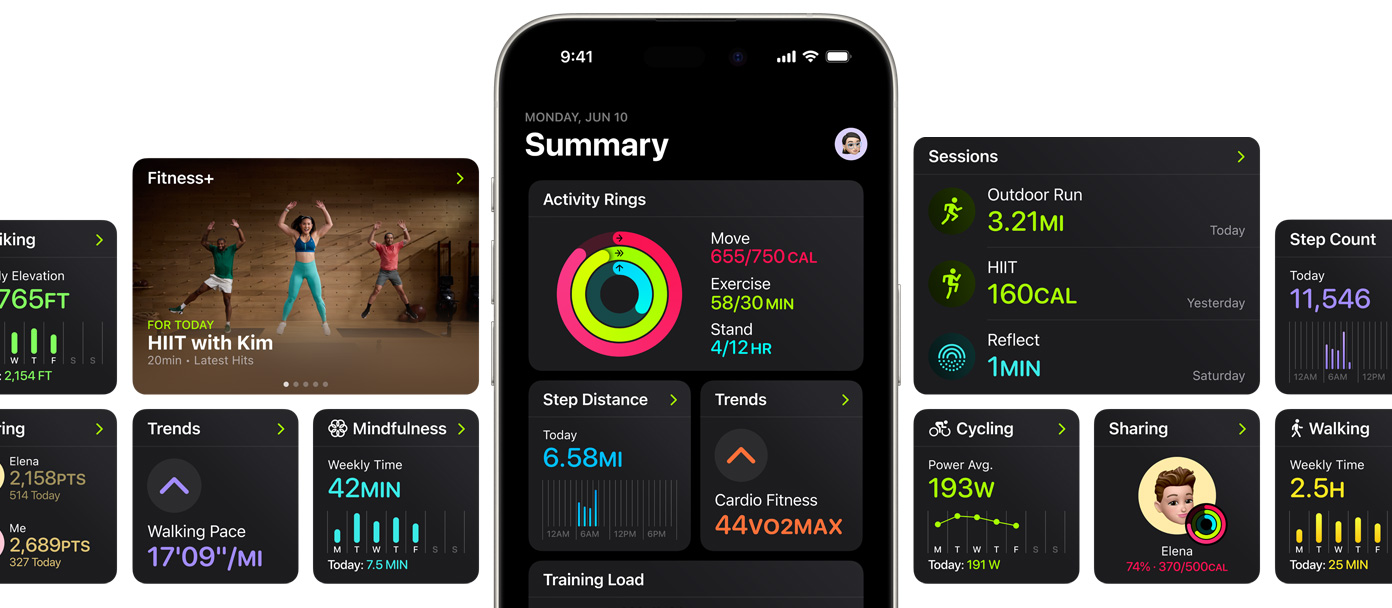 Un iPhone en el centro de varias pantallas que muestra opciones de personalización para la página de resumen en la app Fitness.