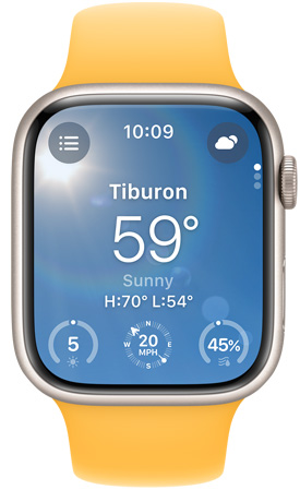 La pantalla de un Apple Watch muestra la app Tiempo