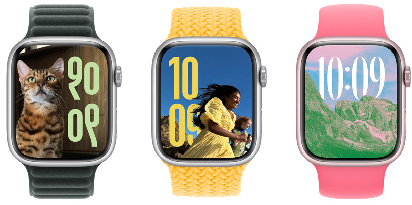 Apple Watchハードウェア上の3つの写真の文字盤に、異なる画像、異なるサイズの時刻、異なる言語の文字が表示されている
