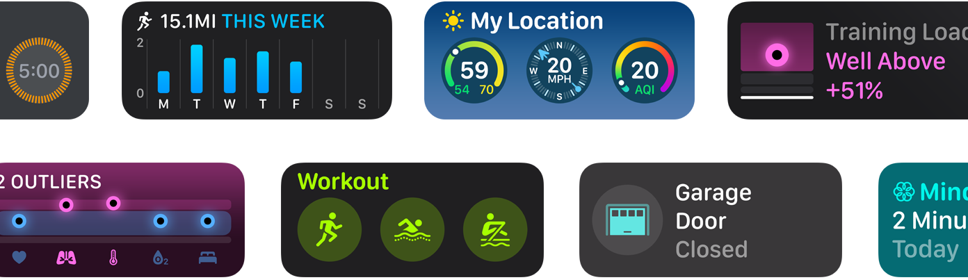 Una selección de los nuevos widgets de app para watchOS