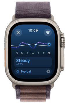 La pantalla de un Apple Watch Ultra muestra la tendencia de carga de ejercicio Estable durante un periodo de una semana