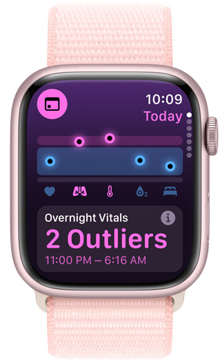 Apple Watchのスクリーンに2つの外れ値がある夜間バイタルが表示されている