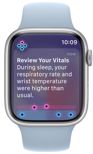 La pantalla de un Apple Watch muestra una notificación en la que se recomienda consultar las constantes vitales