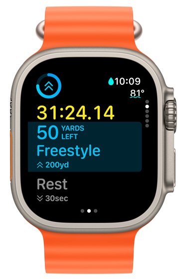 Display di un Apple Watch Ultra con il tempo dell’intervallo attuale e ciò che rimane dell'allenamento personalizzato