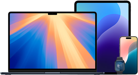 Un MacBook, un iPad, un iPhone y un Apple Watch colocados juntos